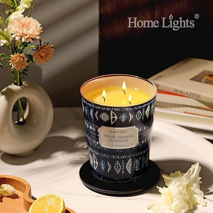 HomeLights Scented Candles for Women & Men, 34oz Candle Jars Aromatherapy 3-Wick Candle, Ideal for Bohemian Natural Textures Home Decor and Gifts, White Jasmine Tuberose - Bloomnest