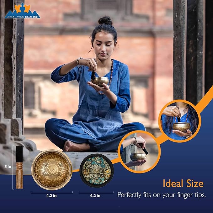 Tibetan Singing Bowl Set 4.2 inch with Holy Buddhist Mantra and Sacred Third Eye Symbol from Nepal~ Antique design suitable for Yoga, Meditation, Sound Healing & Chakra Balancing~ (4.2 Third EYE)