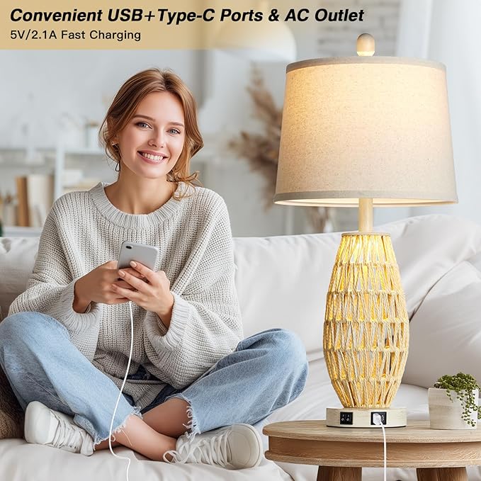 27“ Beige Rattan Table Lamps with Night Light, Boho Bedside Lamps Set of 2, Woven Wicker Bedroom Lamp for Nightstand with USB A+C Charging Port & AC Outlet, Tall Coastal Living Room Lamp - Bloomnest