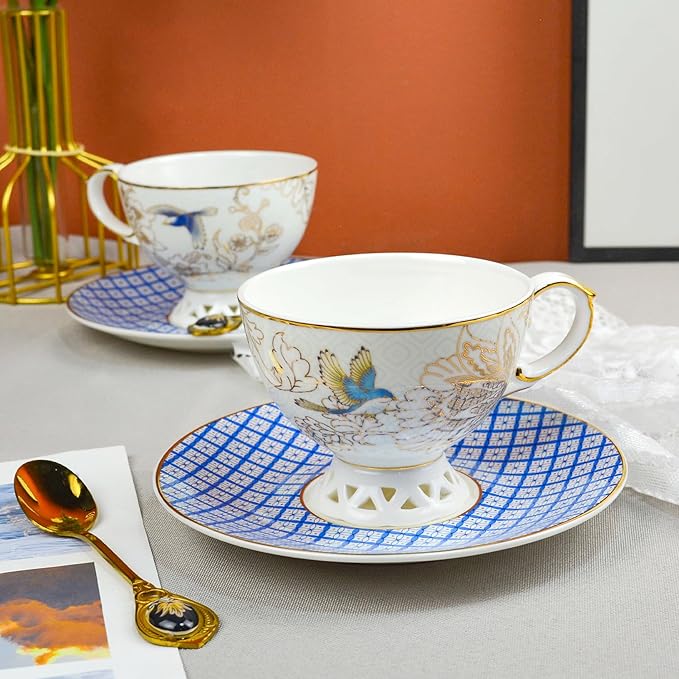 ACMLIFE Bone China Tea Cup and Saucer Set for 1, Vintage Floral Tea Cup with Saucer, Spoon and Gift Box, 6.8 oz (Blue B) - Bloomnest