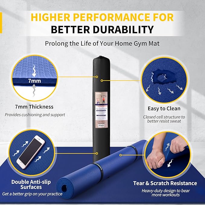 CAMBIVO Large Exercise Mat for Home Workout, 8'x6'/7'x5'/6'x4' (7 mm) Extra Thick Exercise Mat for Home Gym, Shoe-Friendly, Non-Slip Gym Mat for Jump Rope, Weights, Cardio, Fitness - Bloomnest