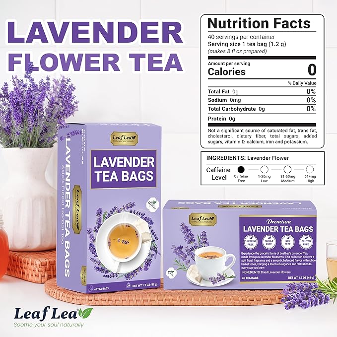 LeafLea 40 Premium Lavender Tea Bags, Natural Lavender Flowers, Lavendar Herbal Tea with Delicate Floral Aroma & Smooth Flavor, Relaxing Evening Infusion, No Caffeine, No Sugar, Individually Wrapped - Bloomnest