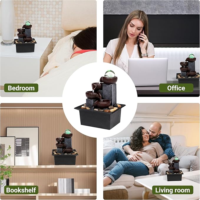 Water Fountains Indoor-Waterfall-Tabletop Fountain-Desk Fountain with Rainbow Colors LED Lighting from Spinning Crystal Ball-Relaxing Waterfall n River Rocks for Natural Feng Shui Effect - Bloomnest