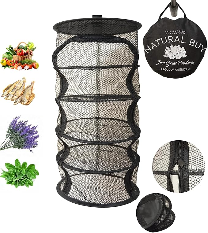 9 Inch 5 Level Micro Hanging Dry Net Indoor/Closet Drying Rack for Herbs, Plants, Organizer, Freshner - Black Mash Screen with Top-to-Bottom Zipper - Apartment Size with Zipped Storage Pouch - Bloomnest