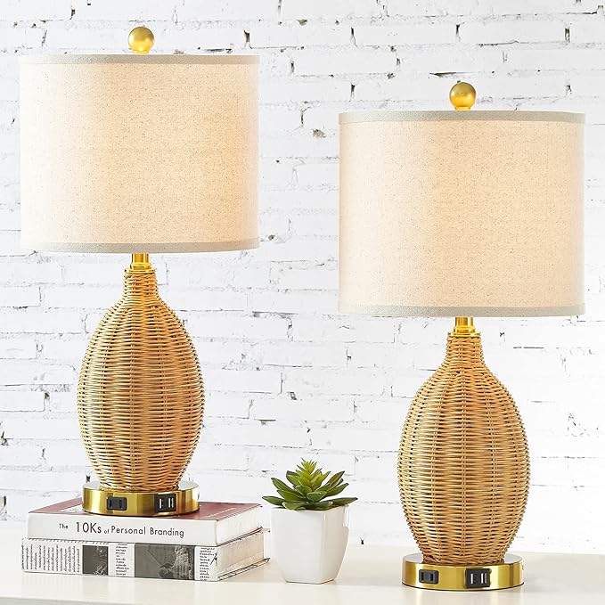 Touch Control Rattan Table Lamps, 3 Way Dimmable Bedside Lamps for Bedroom Set of 2 with 2 USB Ports and AC Outlet, Gold Wicker Nightstand Lamps for Living Room Office (LED Bulbs Included) - Bloomnest