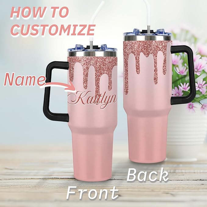 Personalized Glitter Tumbler with Handle and Straw Lid, Custom 40 Oz Cup with Name for Women, Customized Stainless Steel Travel Coffee Tumbler, Personalized Gifts for Birthday Christmas Anniversary - Bloomnest