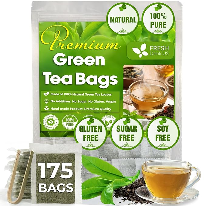 FreshDrinkUS, Premium 175 Green Tea Bags, 100% Natural & Pure from Green Tea. Green Herbal Tea. Made with Natural Material Tea Bags. No Sugar, No Gluten, Vegan - Bloomnest