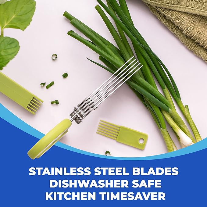 Jenaluca 5 Blade Herb Scissors - Cut & Chop Fresh Herbs & Leafy Greens - Salad Scissors - Stainless Steel Kitchen Shear Set with Cleaning Comb & Safety Cover - Kitchen Gadget - Green - Bloomnest