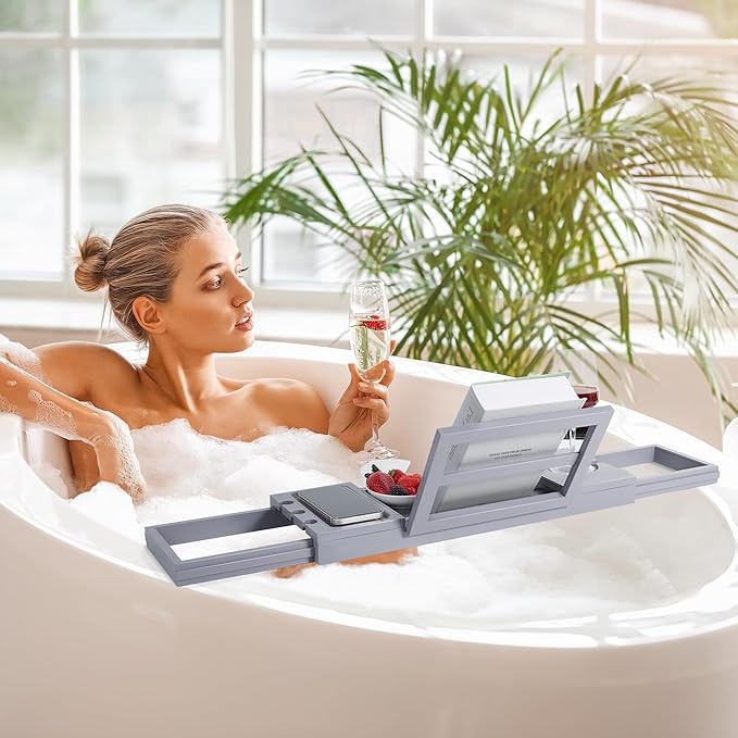 Utoplike Bathtub Tray Caddy Bamboo, Grey Bath Table for Tub Adjustable, Bathroom Organizer with Book Tablet Wine Glass Cup Towel Holder - Bloomnest
