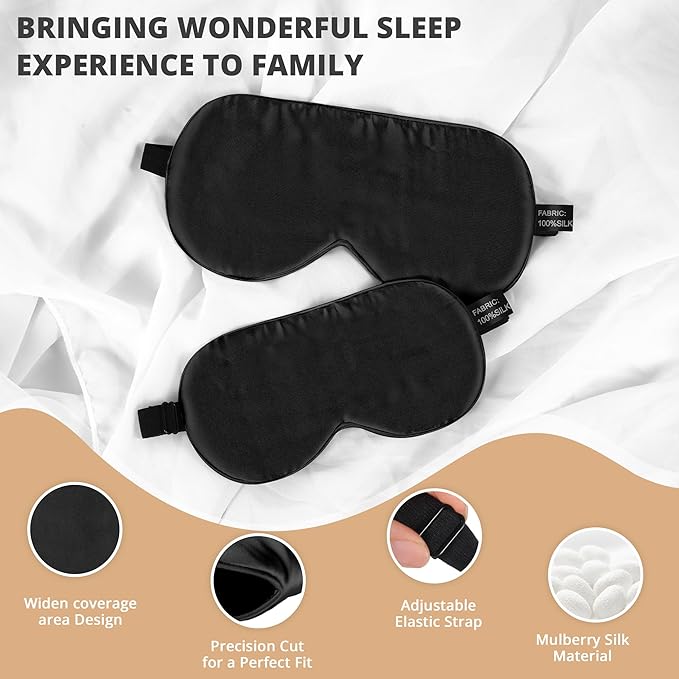 Silk Sleep Mask Eye Cover, 100% Real Natural Silk Eye Mask for Sleeping with Adjustable Strap, 100% Silk Filling Blindfold, Eye Shade for Kids/Teens/Adults, Sleeping Masks for Family (2 Black) - Bloomnest