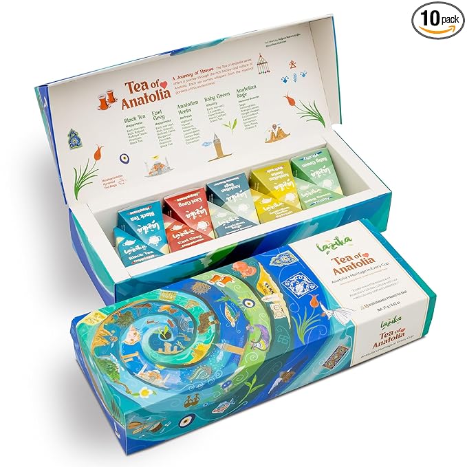 Lazika Tea Variety Pack with Lovely Presentation Box, Black, Green and Herbal Tea Sampler Gift Set, 10 Counts, Premium Collection with Pyramid Infuser Bag, Handcrafted - Bloomnest