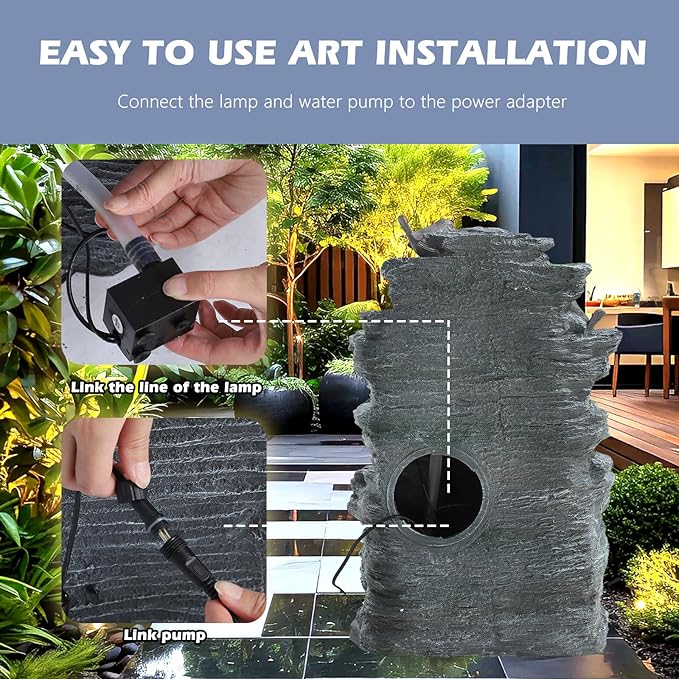 Grepatio Outdoor Water Fountain 7 Tier Cascading Rock Waterfalls Fountains with LED Lights and Pump Indoor/Outdoor Modern Floor Standing Garden Water Fountain for Yard, Patio, House Decor - Bloomnest