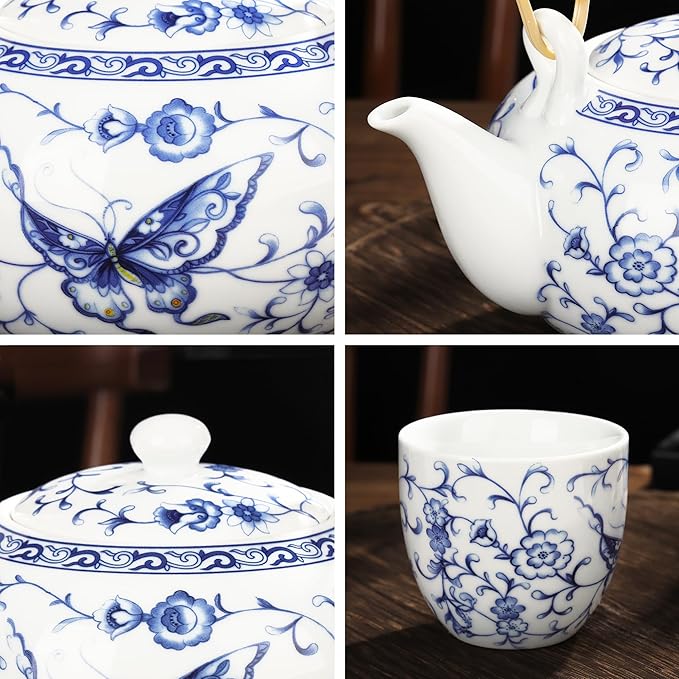 fanquare Chinese Blue and White Porcelain Tea Set with 1 Teapot Set, 6 Tea Cups, Butterfly Pattern Asian Japanese Tea Sets for Adults - Bloomnest