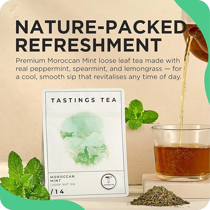 Tastings Tea Moroccan Mint Loose Leaf, 2 oz | Chinese Green Tea & Peppermint Blend | Light Caffeine | Crisp & Refreshing for Natural Digestion | Small Batch & Sustainably Sourced | Resealable Pouch - Bloomnest