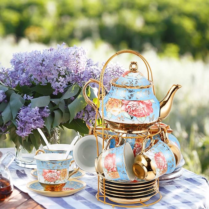 Zhehao 20 Pcs Porcelain Tea Set with Metal Holder and Spoon Adult Ceramic Tea Set European Flower Painting Teapot Cup Saucer Spoon for Women, Large Version(Simplicity Style) - Bloomnest