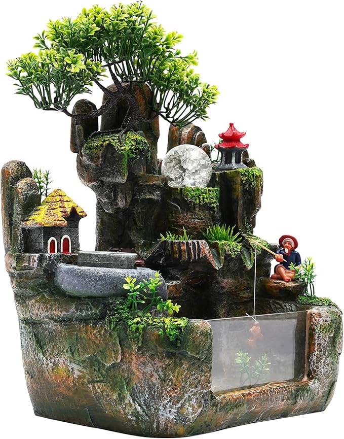 110V 3.5W Tabletop Water Fountain, Indoor Rockery Stream Desktop Fountain Waterfall with Atomizer & Auto Pump, Led Illuminated Waterfall, Zen Décoration for Meditation for Good Luck & Wealth