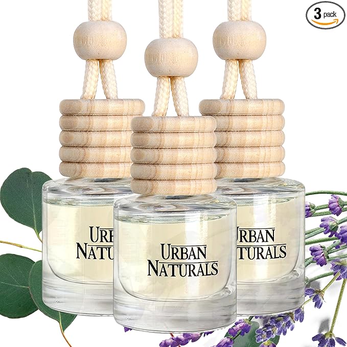 Urban Naturals Car Air Freshener Diffuser 3 Pack - Eucalyptus Lavender Scent, 45+ Days Long Lasting Fragrance, Made in USA, Glass & Wood, Hanging Design + Vent Cip, Easy to Use - Bloomnest