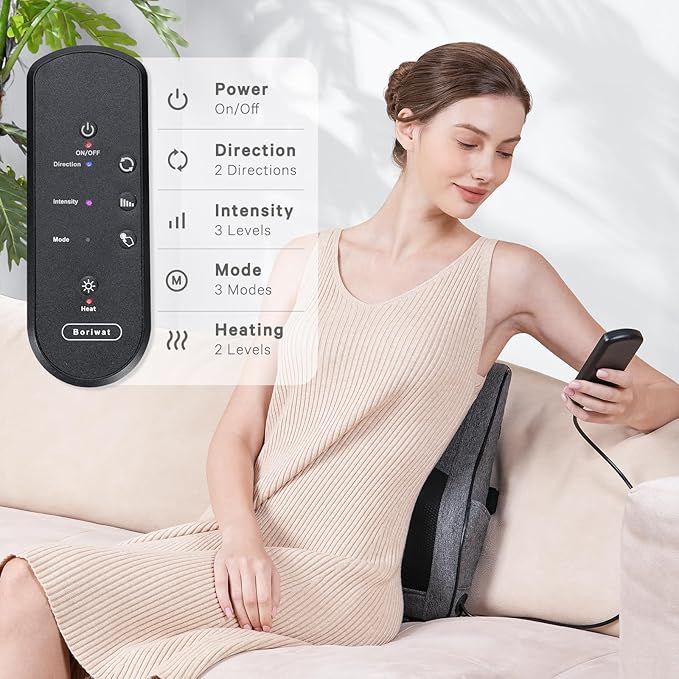 Boriwat Back Massager with Heat, Neck Massager for Pain Relief Deep Tissue, 3D Kneading Massage Pillow for Back, Neck, Shoulder, Legs, Gifts for Women Men Mom Dad - Bloomnest
