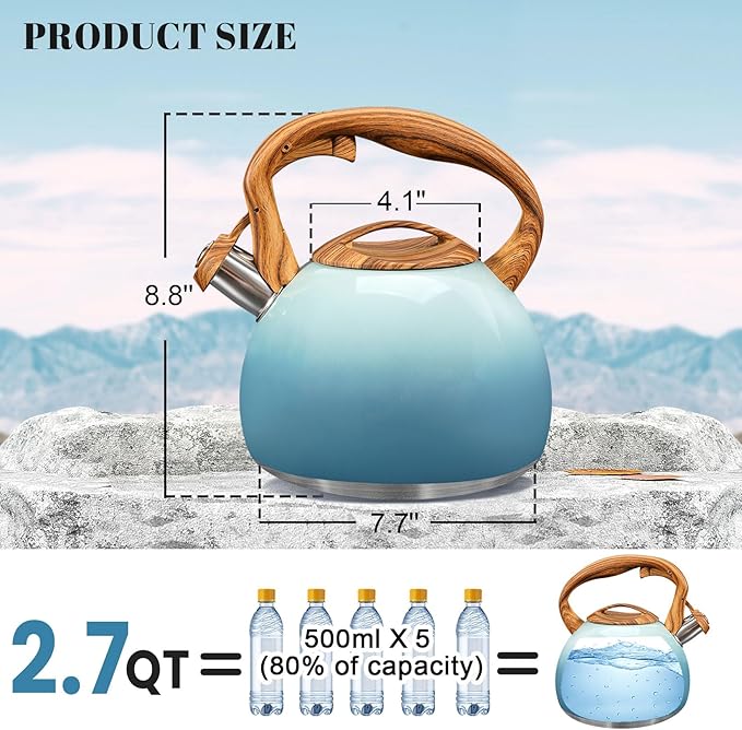 GGC Tea Kettle for Stove Top, 3.1QT/3L Whistling Tea Kettles for Boiling Water Coffee or Milk, Gradient Gray Tea Pot with Wood Parttern Handle, Stainless Steel Tea Pot for Home and Kitchen - Bloomnest