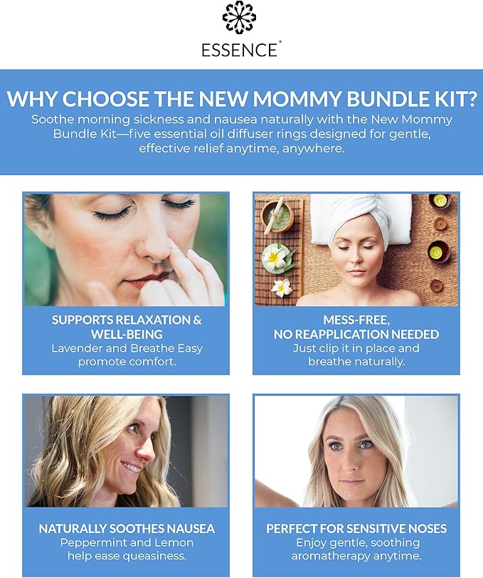 Essence Nasal Diffuser New Mommy Bundle – Essential Oil Silicone Nose Rings for Morning Sickness & Motion Sickness Support – Wearable Blends Pack for Pregnancy & Travel - Bloomnest