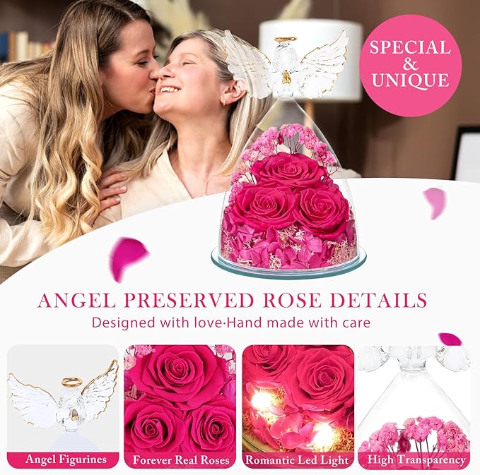 Valentines Day Gifts for Her Women Preserved Flower Rose, Forever Eternal Fresh Flowers in Glass Angel Figurines Flowers for Delivery Prime for Grandma Mom from Daughter Wife Mothers Day Birthday Pink - Bloomnest
