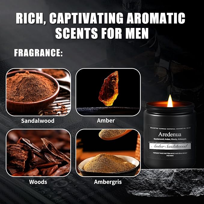 Amber Sandalwood Candle | Masculine Candles, Manly Scented Candles - 7oz Soy Candles for Relaxation & Home, Long Lasting Clean Burn, Aromatherapy Gifts for Men & Women, Warm Woody Fragrance Gift - Bloomnest