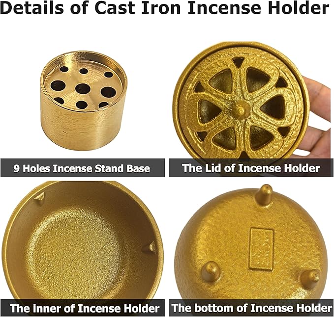 Small Cast Iron Incense Burner Holder, Home Decor, Bowl Design with Lid, Golden Incense for Sticks, Resin, Cone Incense or Wax Melts, Cense with Stand Base for Yoga, Spa, Room, Office - Bloomnest