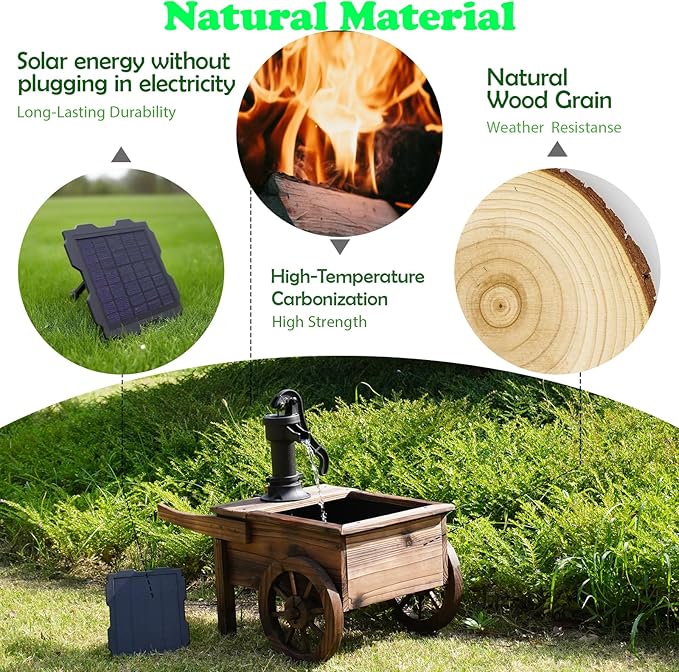 Carbonized Wood Outdoor Freestanding Fountain - Movable Vintage Hand Pump Cart, Solar-Powered Electric Decorative Water Feature for Patio, Garden & Indoor Decoration - Bloomnest