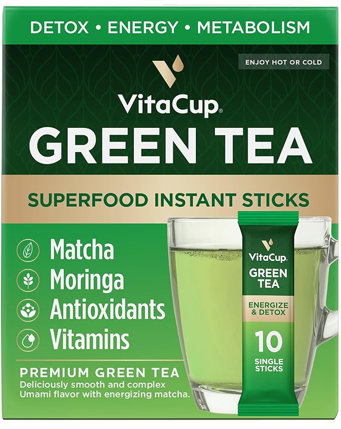 VitaCup Green Tea Instant Packets, Enhance Energy & Detox with Matcha, Moringa, B Vitamins, D3, Fiber, Keto, Paleo, Vegan in Tea Powder Single Serving Sticks, 10 Ct - Bloomnest