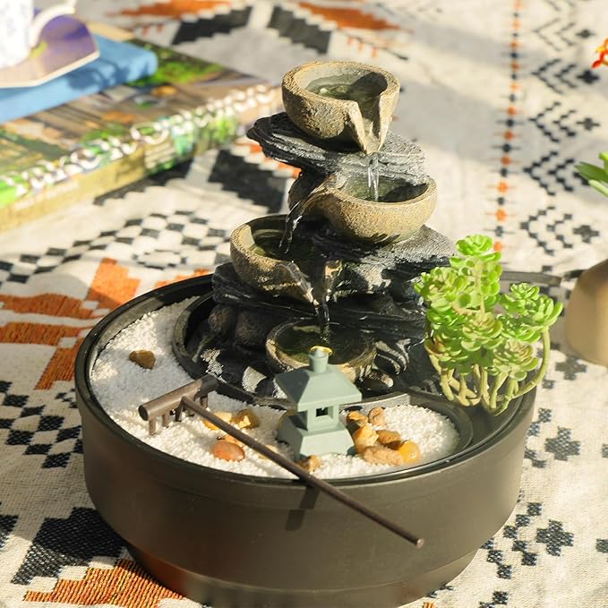 Indoor Tabletop Water Fountain with LED Lights & Pagoda, 4-Tier Rock Cascading Design, Artificial Flowers, White Stones and Rake, Zen Decor for Office/Living Room/Bedroom/Study (8.5" H)