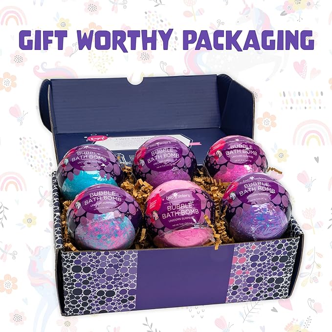 Unicorn Bath Bombs for Girls with Surprise Toys Inside (6 Pack) - Large Bubble Bomb for Kids, Gentle and Safe, Made in USA, Fizzies, Fruity Scents, Won't Stain Tub - Ideal Gift by Two Sisters - Bloomnest