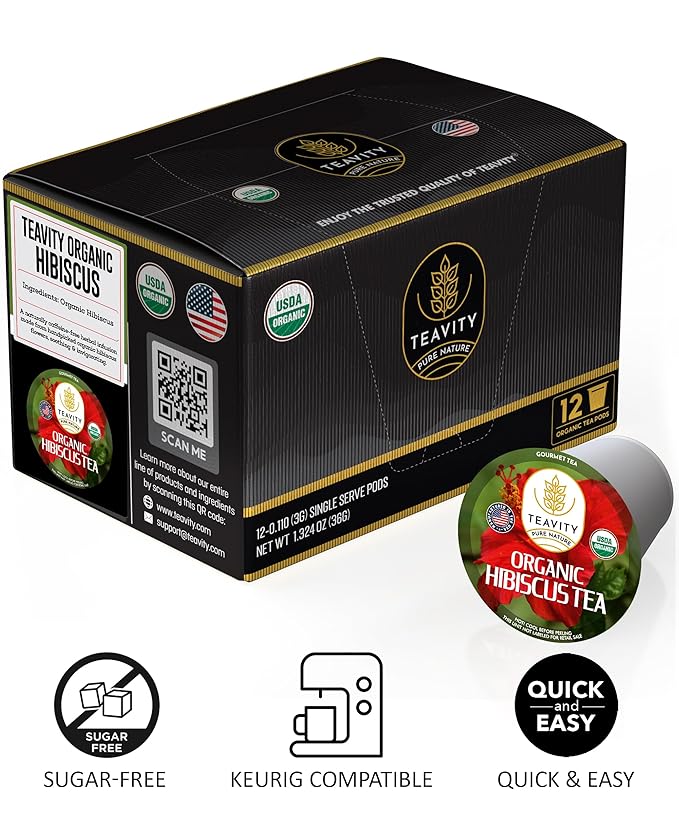 Organic Hibiscus Sabdariffa Tea Organic Naturally Decaf Tea Pods for Keurig by Teavity (12 Tea Pods) - Bloomnest