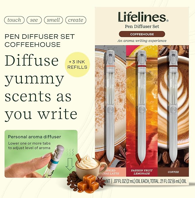 Lifelines Pen Diffuser Set, Coffeehouse 3-Pack - 1mm Black Ballpoint Pens with Scented Essential Oil Blends – Aromatherapy Diffuser & Sensory Immersion Diffuse Aroma As You Write - Bloomnest