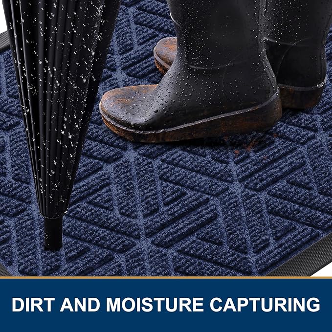 Smiry Front Door Mat Outside Entrance, Heavy Duty Sturdy Natural Rubber Doormat, Trap Dirt and Moisture, Easy Clean Low Profile Mats for Indoor Outdoor Entry, Grid Geometric (36x24, Navy Blue) - Bloomnest