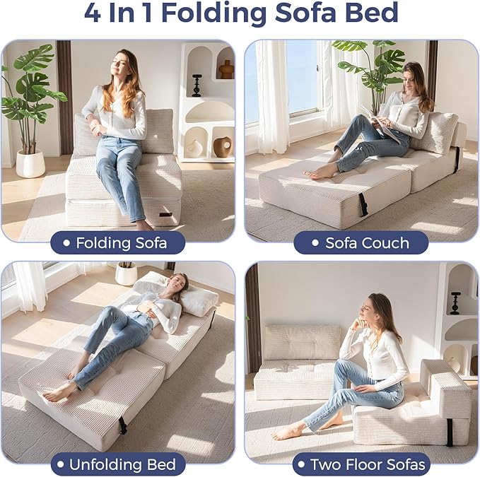 MAXYOYO Folding Sofa Bed, Convertible Sofa Bed with High-Density Support Foam, Portable 4 in 1 Fold Out Chair to Floor Lounger, Versatile Floor Couch for Living Room Bedroom, Beige - Bloomnest