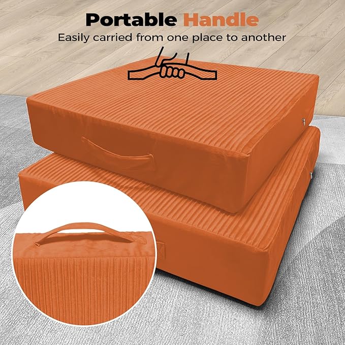 Large Floor Pillows for Adults, Thick Meditation Floor Cushions for Sitting Yoga, 22x22x5 Foam Seat Cushions Set of 2 for Furniture, Floor Pillow with Pleated Velvet Removable Cover, Orange