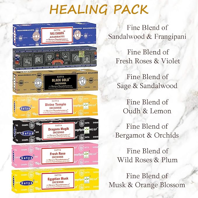 Satya Incense Sticks Gift Set, 7 Scents, Nag Champa, Super Hit, Dragon's Blood, Sandalwood, Patchouli, Lavender, Positive Vibes, 15g Each (Healing Mix) Satya