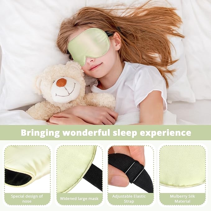 Kids Sleep Mask Eye Cover, 100% Real Natural Pure Silk Eye Mask with Adjustable Strap, Blindfold Kids Eye Mask for Sleeping, Eye Shade for Boys Girls and Adult, Pressure-Free Comfort (Light Green) - Bloomnest