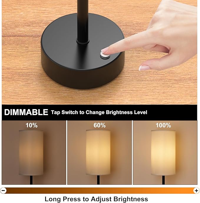ROTTOGOON Cordless Table Lamp Touch Control Dimmable Small Bedside Table Lamps with Beige Fabric Shade 5000mAh Rechargeable Battery Powered Desk Lamp for Bedroom,Home,Office,Dorm-Black - Bloomnest