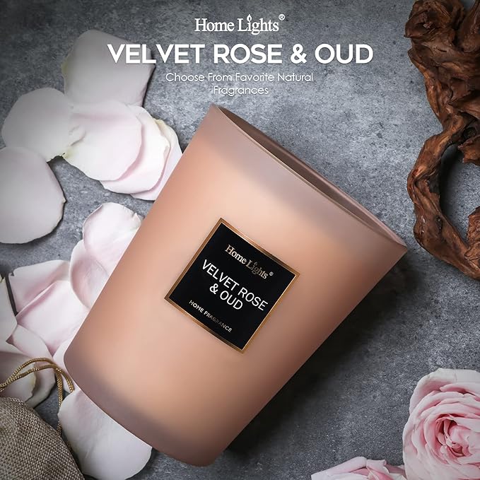 HomeLights Scented Candles | Large Jar Candle-33.3 Oz. Natural Soy Aromatherapy Candles | Up to 130 Hours Burn Time with 3 Cotton Wicks, Home Decorative Fragrance Candles Gift - Velvet Rose Oud - Bloomnest