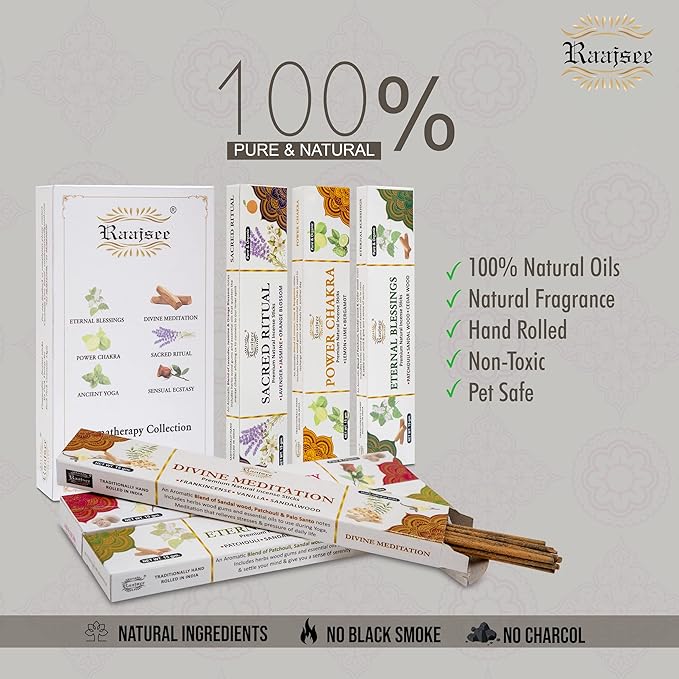 Raajsee Natural Incense Sticks,6 Pack Mixed Scents Gift Pack 15 gm Each (90 gm Total), Insense Sticks Variety Pack, 100% Organic Non Toxic Natural - Hand Rolled Free from Chemicals RAAJSEE