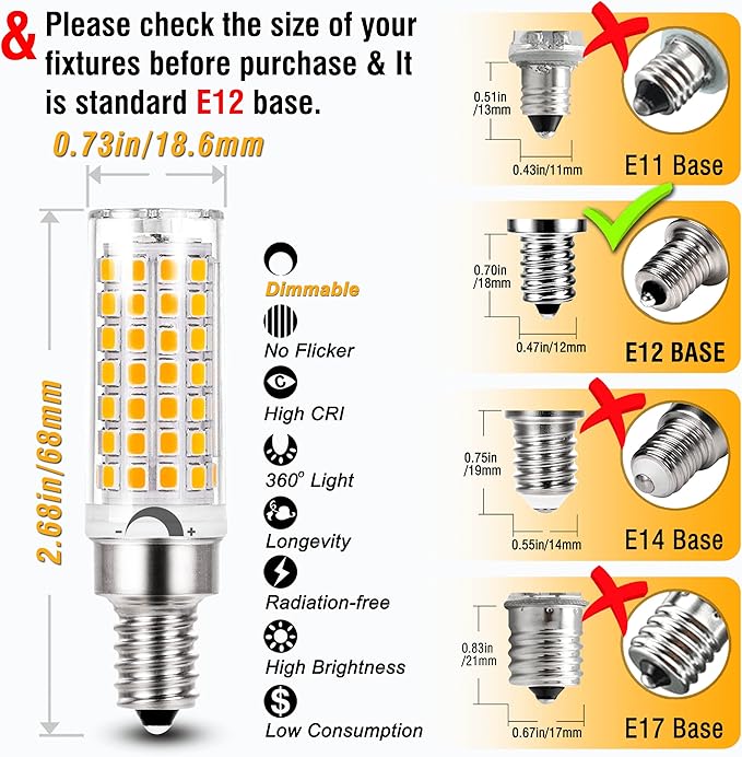 ALIDE E12 60 Watt C7 Dimmable Led Candelabra Bulbs Replacement, Warm White 2700k T6 110V 120V Small Base E12 LED Bulbs 6W for Ceiling Fan Salt Lamp Chandelier Lighting,600lm,8Pack - Bloomnest