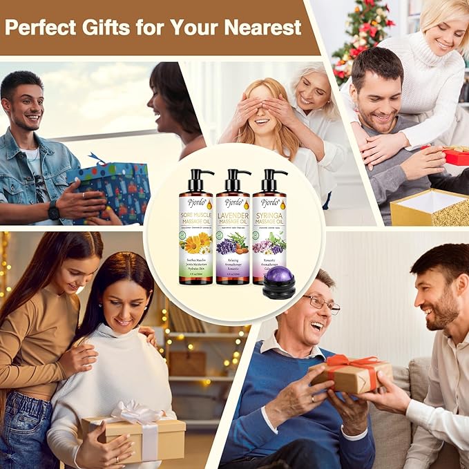 Body Massage Oil for Massage Therapy Kit, Lilac, Lavender, Sore Muscle Arnica Oil with Massage Roller Ball, Relaxing Massage Oils for Pain Relief, Spa Gift Set for Him Her - Bloomnest