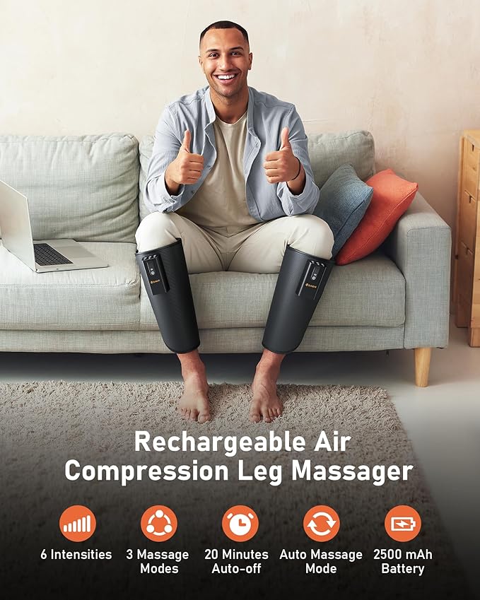 QUINEAR Rechargeable Calf Massager with Air Compression, Leg Massager for Circulation and Pain Relief, Portable Leg Massager with 6 Intensities & 3 Modes, Fast Recovery for Swelling, Relax for Gym - Bloomnest