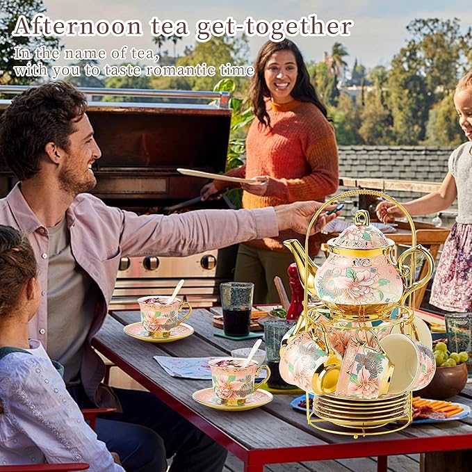 20 Pieces Porcelain Tea Set With Metal Holder, European Ceramic tea set for adults,Flower Tea Set,Tea Set For Women With Flower Painting (Large version, Pink) - Bloomnest