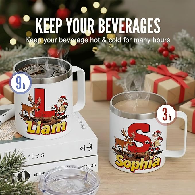 JugJug Personalized Christmas Mug with Initial & Name - Funny Treasure Hunt Santa 12oz Insulated Coffee Cup with Lid - Xmas Gifts for Boys, Kids (B155) - Bloomnest
