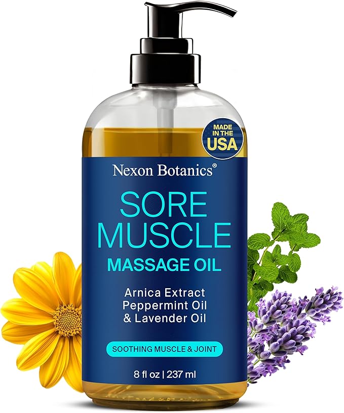 Sore Muscle Massage Oil for Massage Therapy 8 fl oz - Refreshing and Relaxing - Natural Oils with Arnica, Peppermint and Lavender Oil - for Men and Women - Nexon Botanics - Bloomnest