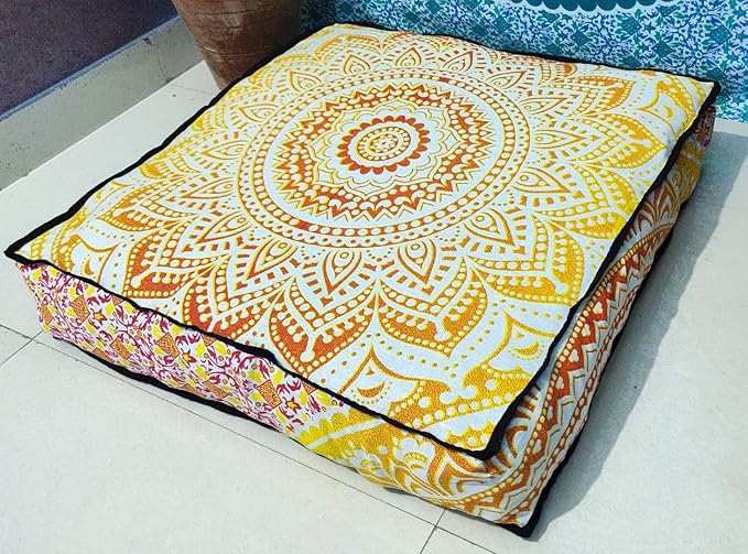 INDIAN CRAFT CASTLE 24" Yellow Ombre Mandala Barmeri Large Floor Pillow Cover Cushion Meditation Seating Ottoman Throw Cover Hippie Decorative Zipped Bohemian Pouf Ottoman Pom Pom Cases 24" Square - Bloomnest