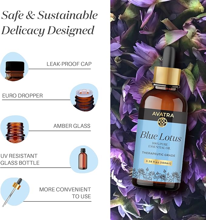 Avatra Blue Lotus Essential Oil for Diffuser, Skin & Candles | Natural & Undiluted Essential Oil | Aromatherapy, Soaps, Candles | Therapeutic Grade Essential Oil- 3.38 Fl Oz - Bloomnest