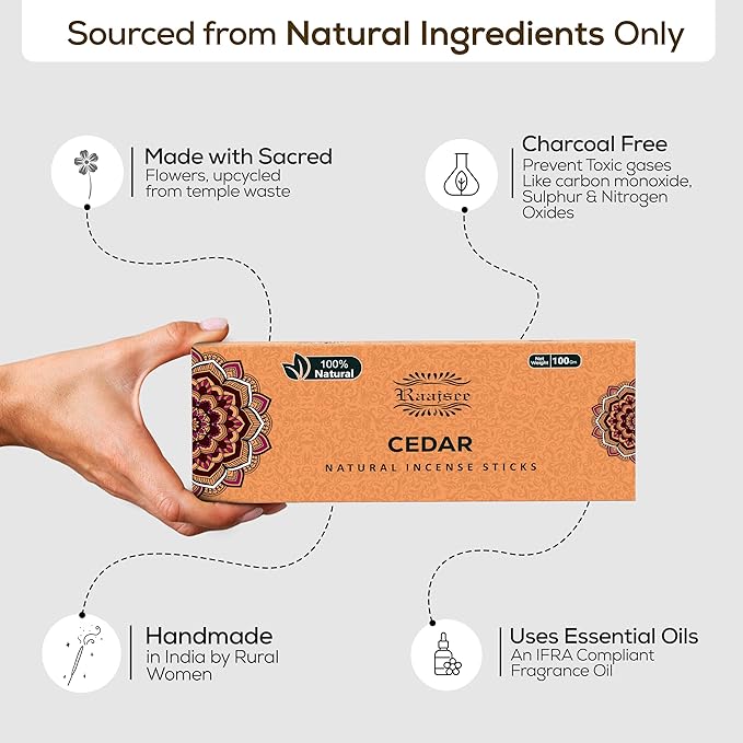 Raajsee Cedar Incense Sticks, 100%-Natural Charcoal Free Organic Non Toxic Clean Burning Handmade Insence Sticks 100 gm Pack, Meditation Gifts – Spritual Cleansing RAAJSEE